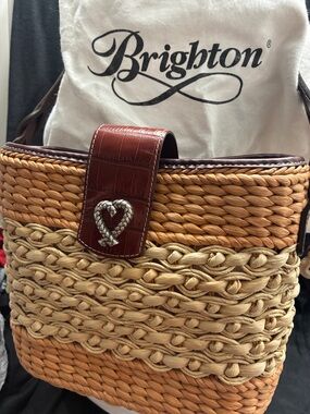 Brighton Braided Straw Tote with Brown Leather Trim, comes with Brighton bag.